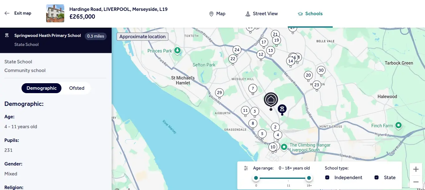 Map showing schools around Hardinge Road, Liverpool L19